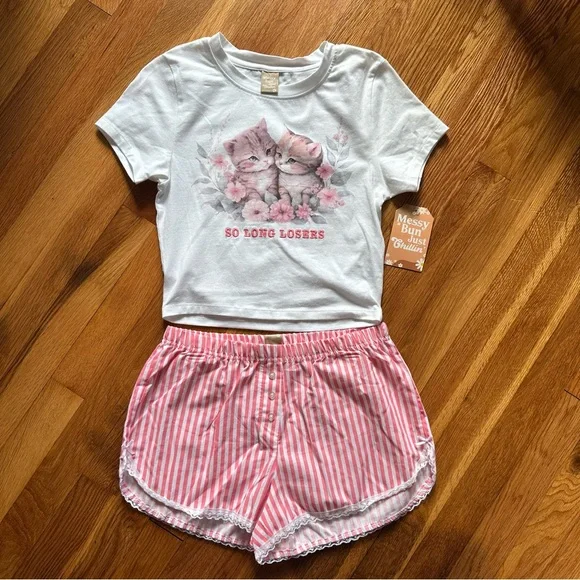 Messy Bun Women's Size Small White Cat Top & Pink Striped Shorts Pajama Set NWT - Picture 12 of 12